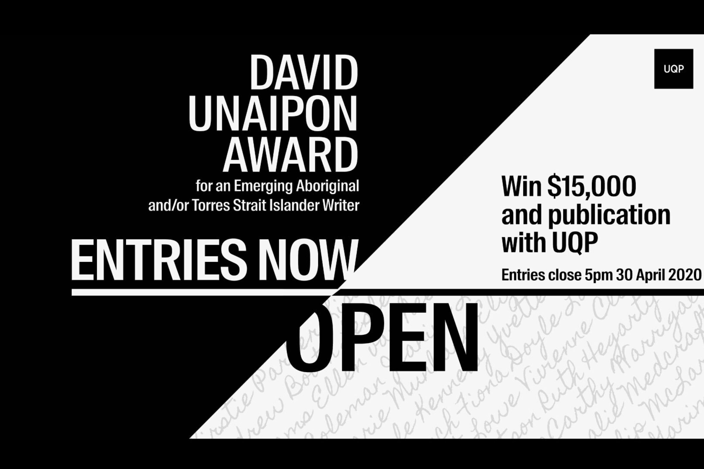 The 2020 David Unaipon Award is now open for entries The 2020 David Unaipon Award is now open for entries